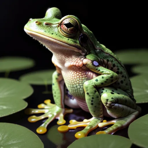 a frog sitting on top of a lily pad on top of water lilies with a black background and a black background, by Amandine Van Ray