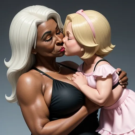 a woman kissing a little girl with her face close to her face, with a black background and a gray background, by Botero