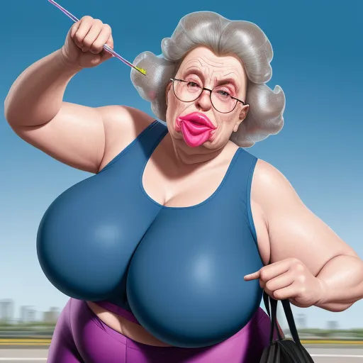 ai image generator dall e - a cartoon of a woman with glasses and a big breast holding a stick in her hand and pulling on her tongue, by Botero