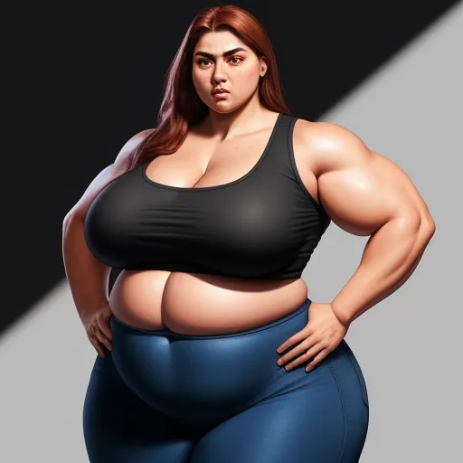 ai image enlarger - a woman in a black top and blue pants posing for a picture with her big belly exposed and her hands on her hips, by Terada Katsuya