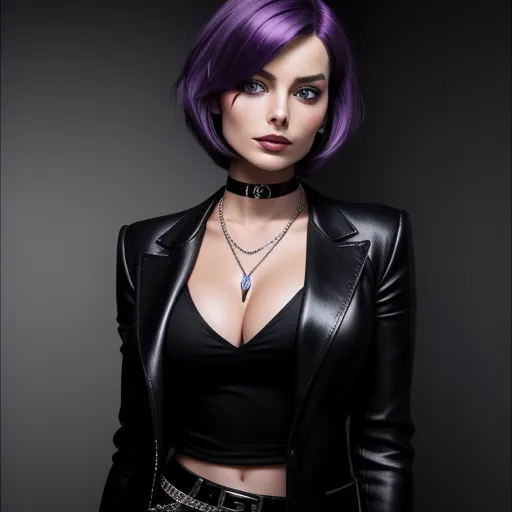 a woman with purple hair wearing a black leather jacket and choker necklace, posing for a picture in a dark room, by Terada Katsuya