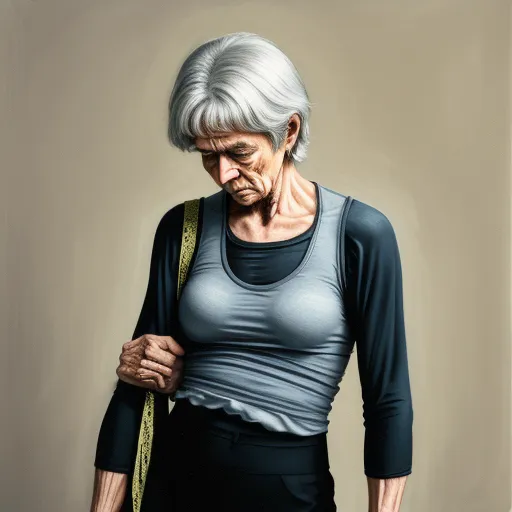 a painting of a woman with a measuring tape around her waist and a black top on her shoulders and a gray shirt on her shoulders, by Raphaelle Peale