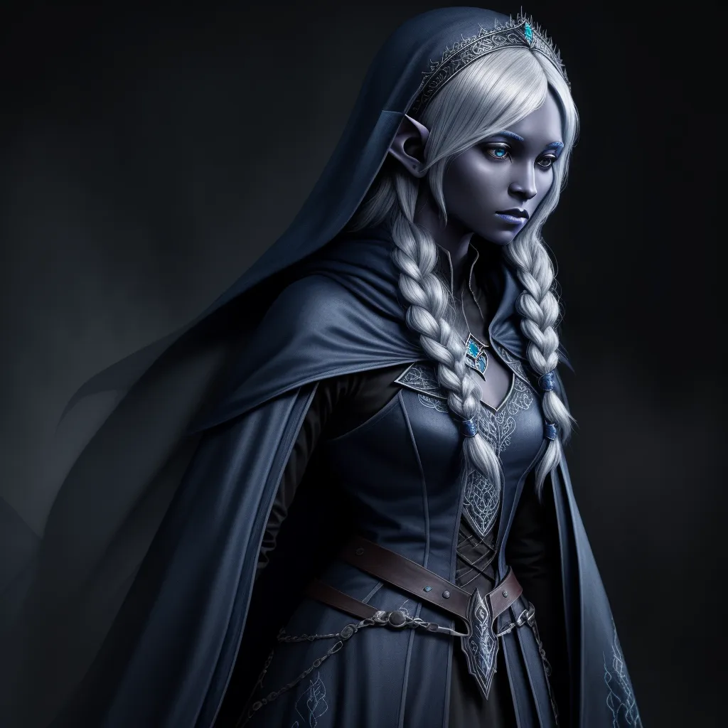 ai generated images free - a woman dressed in a black outfit and a long braid with a blue cape on her head and a braid in her hair, by Heinrich Danioth