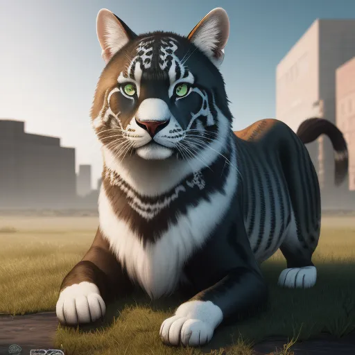 ai picture generator from text - a digital painting of a tiger in a field of grass with buildings in the background and a sky background, by Alison Kinnaird