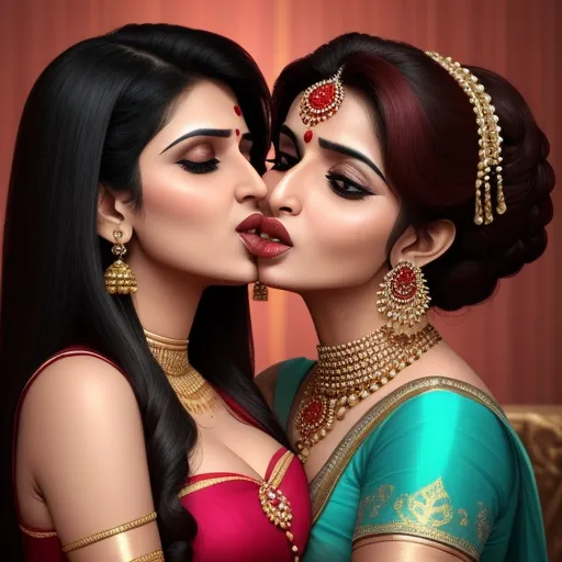 two women in indian clothing kissing each other with their heads close together photo by a wallpapered background, by Raja Ravi Varma