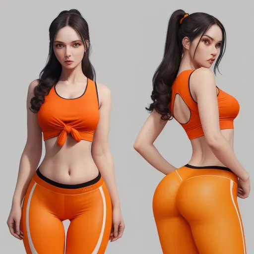 a woman in an orange sports bra top and orange pants with a bow on her head and a ponytail, by Akira Toriyama
