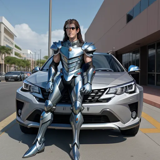 text to images ai - a woman in a futuristic suit sitting on a car in a parking lot with a futuristic car in the background, by Terada Katsuya