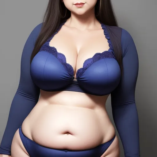 free text to image generator - a woman in a blue bra and panties posing for a picture with her stomach exposed and her hands on her hips, by Terada Katsuya