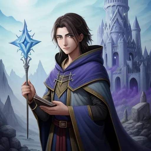a man in a medieval outfit holding a wand in his hand and a castle in the background with a blue star, by Hanabusa Itchō