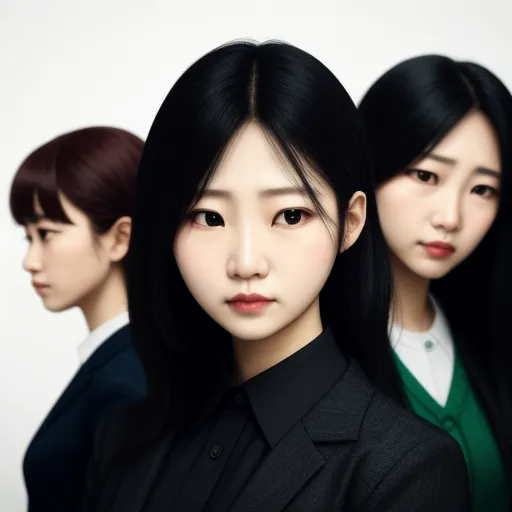 three asian women with long black hair and green shirts on a white background, one of them is wearing a black jacket, by Terada Katsuya