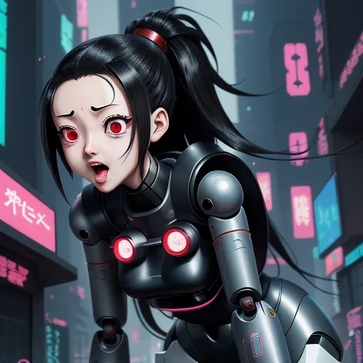 ai based photo editor - a woman in a futuristic suit with red eyes and a sci - fidget look on her face, in a city, by Leiji Matsumoto