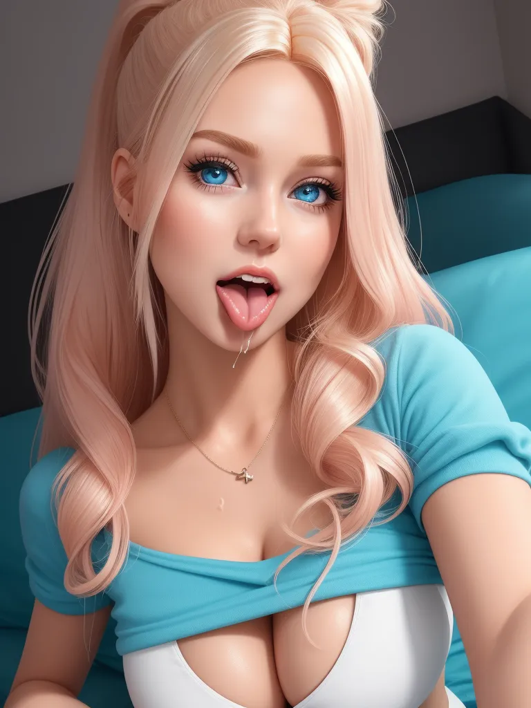 increasing photo resolution - a very cute blonde with big breast posing for a picture with her tongue out and big breast exposed to the side, by Sailor Moon