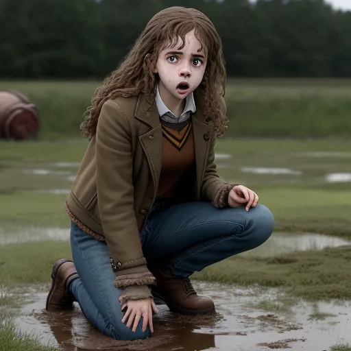 Image Generator Ai Hermione Granger In Jeans Kneeling In Mud She