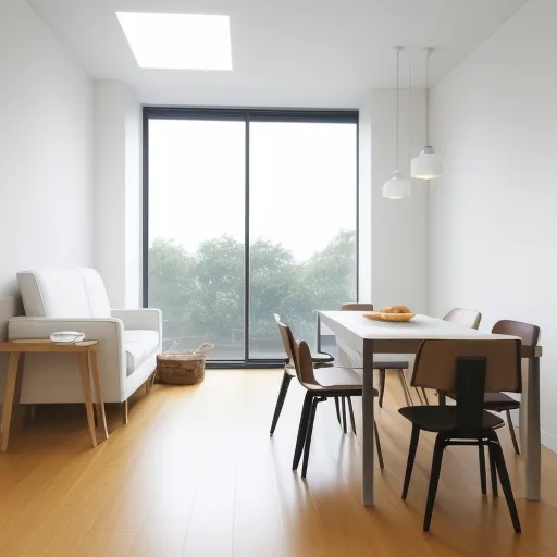 image increase resolution - a dining room with a table and chairs and a couch in front of a large window with a view of the trees outside, by Giorgio Morandi