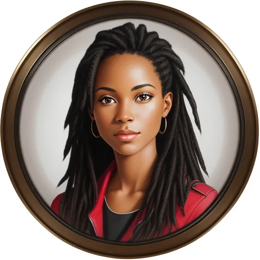 a portrait of a woman with dreadlocks in a round frame on a white background, with a gold rim, by Daniela Uhlig