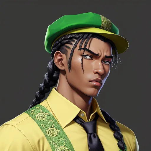 a man with a green hat and braids wearing a yellow shirt and tie and a green hat on, by Chen Daofu