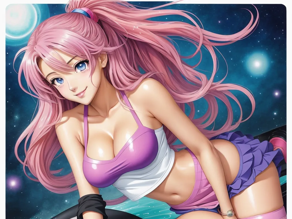 ai generate image - a cartoon girl with pink hair and a purple bikini on a surfboard in the ocean with stars in the background, by Toei Animations
