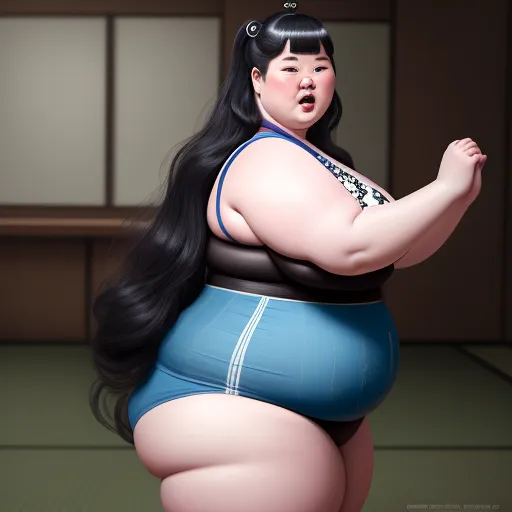 high quality photos online - a woman in a blue skirt and black top with long hair and a big belly standing in a room, by Rumiko Takahashi