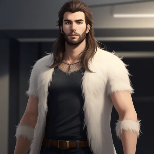 a man with long hair and a beard wearing a fur vest and a black shirt and jeans and a black tank top, by Lois van Baarle