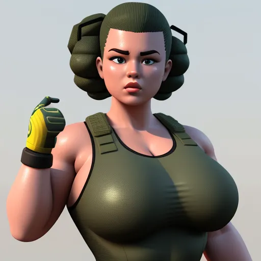 a woman in a green top holding a yellow glove and a green object in her hand and a gray background, by theCHAMBA