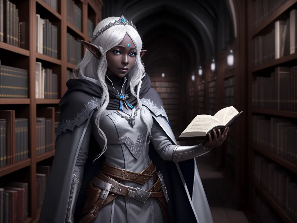ai image generators - a woman in a library holding a book and wearing a costume of a white haired woman with a gray hair, by Sydney Prior Hall