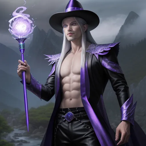 convert photo to high resolution - a man in a witch costume holding a wand and a ball in his hand with a mountain in the background, by Antonio J. Manzanedo