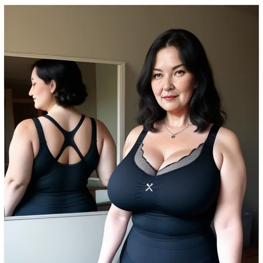convert photo to 4k quality - a woman in a black dress is looking in a mirror and smiling at the camera, with her reflection in the mirror, by Billie Waters