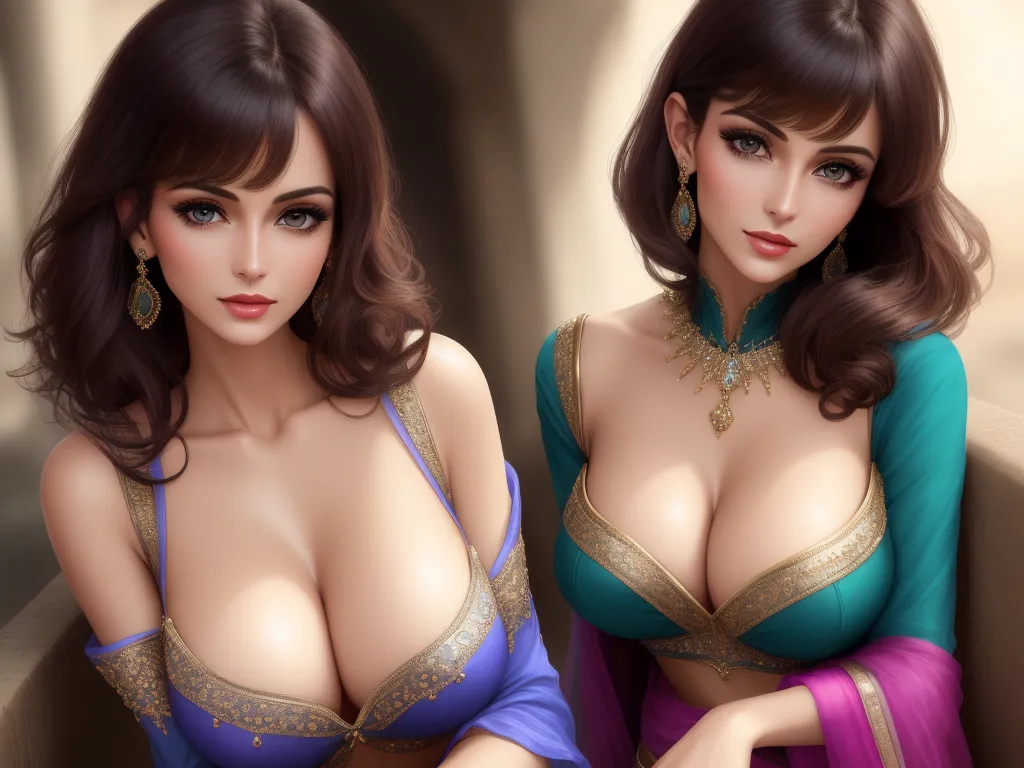 ai image upscale - a painting of two women in lingerie outfits, one with big breast and one with a bra, both with large breast breasts, by Terada Katsuya