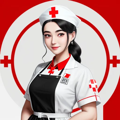 a woman in a nurse uniform standing in front of a red cross symbol on a white background with a red cross symbol, by Chen Daofu