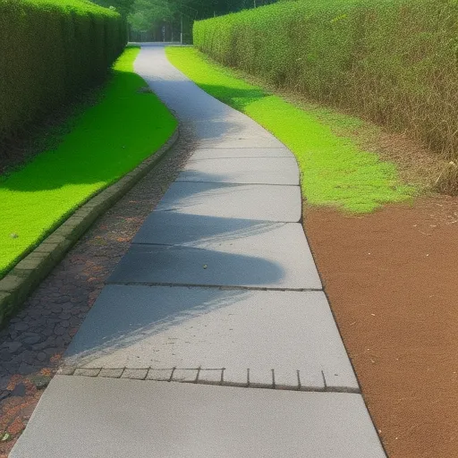 a sidewalk with a green grass field in the background and a path in the middle of the walkway with a bench on the side, by Pixar