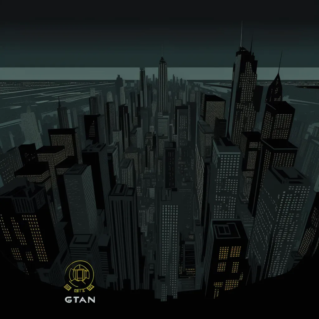 a cityscape with a lot of tall buildings and a yellow and black logo on it's side, by Genndy Tartakovsky