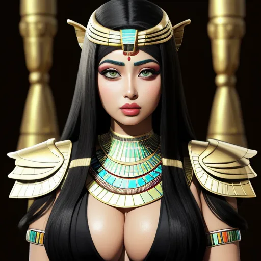 a woman with a very big breast wearing a costume of egyptian mythology and mythology, with a gold headpiece and a black wig, by theCHAMBA