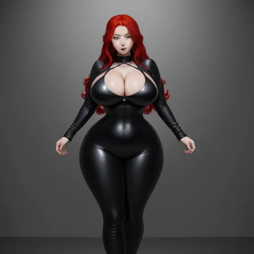 a woman in a black latex outfit with big breast and large breasts, posing for a picture in a studio, by Terada Katsuya