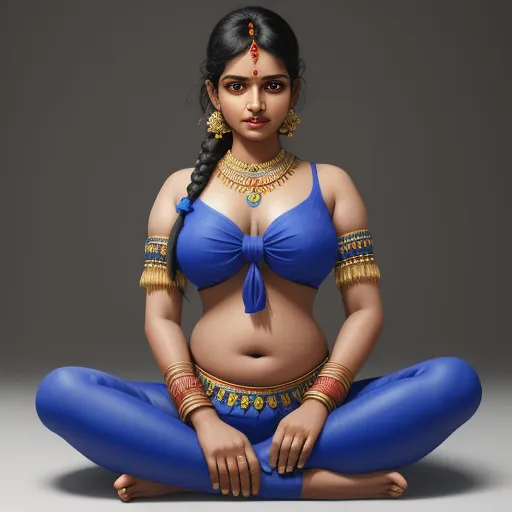 a woman in a blue bikini sitting on a yoga mat with her hands in her pockets and her stomach in the air, by Raja Ravi Varma