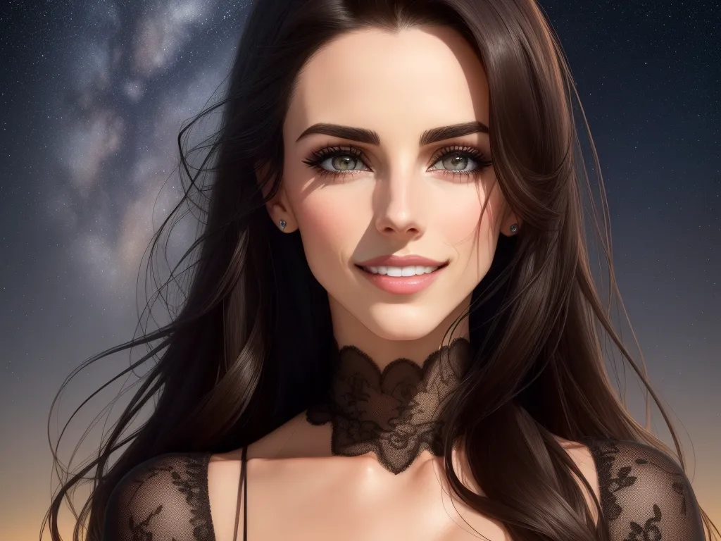 a woman with long hair and a black dress is smiling at the camera with a sky background and stars, by Lois van Baarle