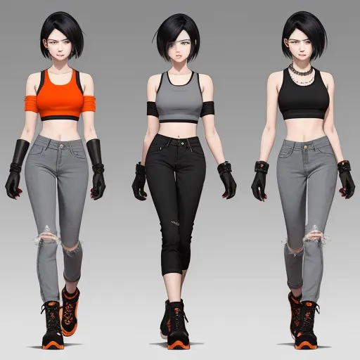 three different poses of a woman in a crop top and jeans with gloves on her feet, and a woman in a crop top with a baseball cap and gloves on her hand, by theCHAMBA