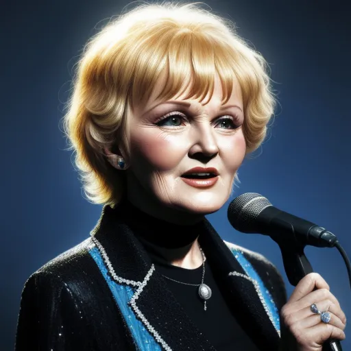 a woman with blonde hair holding a microphone in her hand and looking at the camera with a serious look on her face, by Billie Waters
