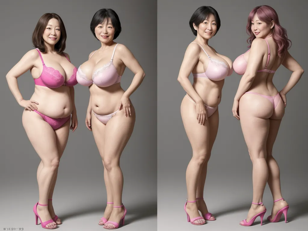 best ai picture generator - two photos of a woman in lingerie posing for a picture together, both of the same woman in pink, by Terada Katsuya