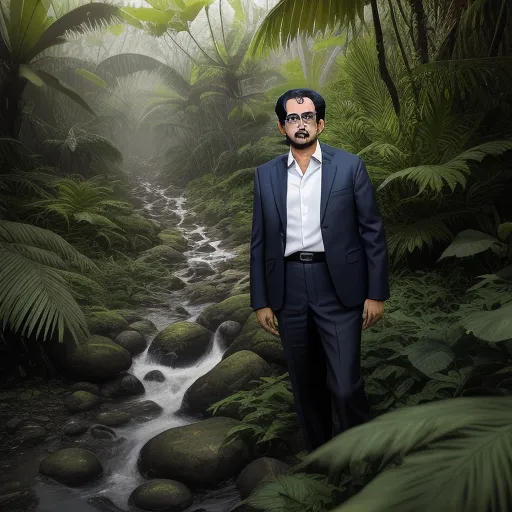 a man in a suit standing in a jungle with a stream of water in the foreground and a forest with green plants, by Richard Lindner
