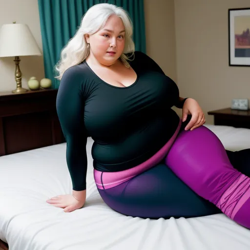 a woman in a black top and purple pants is sitting on a bed with her legs crossed and her stomach exposed, by Billie Waters