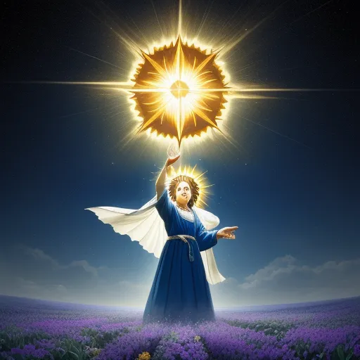 4k quality picture converter - a woman holding a star above her head in a field of flowers with a sky background and sun shining above her, by Laurent Grasso