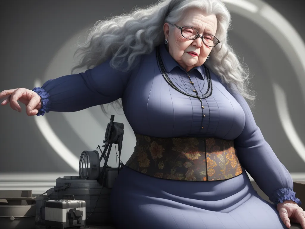 a woman with a big belly sitting on a table with a machine behind her and a camera behind her, by Pixar Concept Artists
