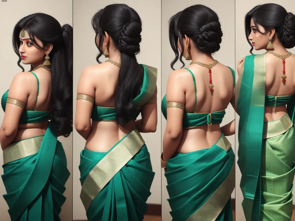 a woman in a green sari with a braid in her hair and a half up half down hairstyle, by Sailor Moon