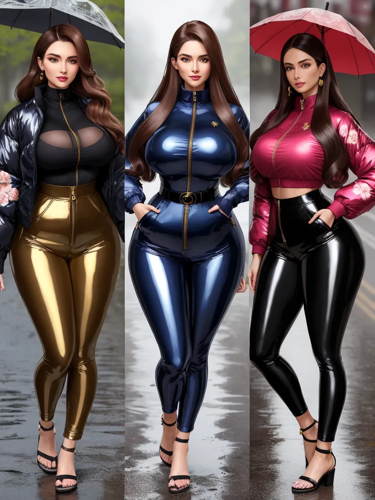 increasing photo resolution - three women in shiny outfits standing in the rain with an umbrella over their heads and one woman in a black top and gold pants, by Botero