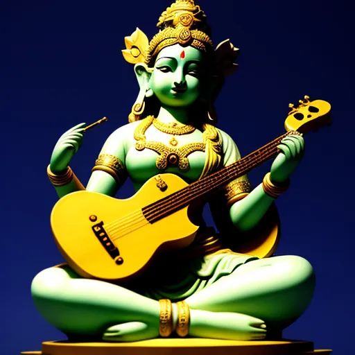 4k image - a statue of a person with a guitar in their lap and a blue background behind it, with a blue sky behind, by Raja Ravi Varma