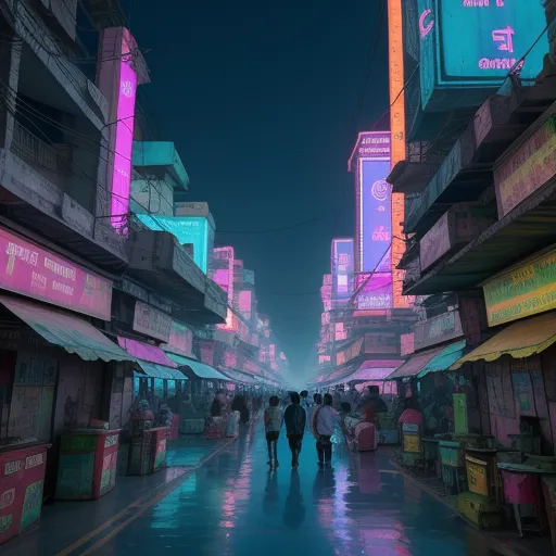 text-to-image ai free - a group of people walking down a street next to tall buildings with neon signs on them and a dark sky, by Mike Winkelmann (Beeple)