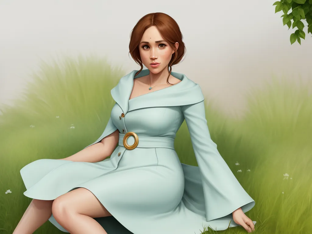 ai picture generator from text - a woman in a blue dress sitting on a grass covered field with a tree in the background and a green bush, by Lois van Baarle