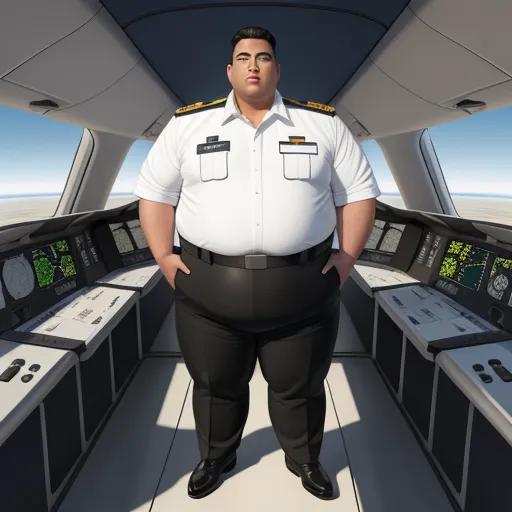 a man in a pilot's uniform standing in a plane cockpit with a lot of monitors on the wall, by Paul Corfield