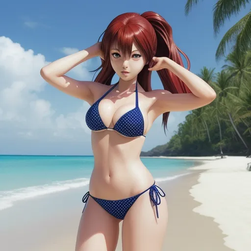 turn a picture into high resolution - a woman in a bikini standing on a beach next to the ocean with palm trees in the background and a blue sky, by Toei Animations