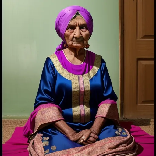 a woman sitting on a pink mat with a purple head scarf on her head and a pink blanket on her lap, by Kent Monkman